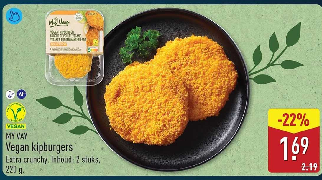 MY VAY Vegan kipburgers Extra crunchy. Inhoud: 2 stuks, 220 g.