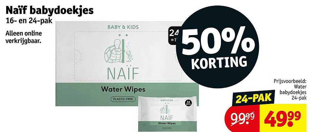 Naïf babydoekjes 16- en 24-pak 50% korting