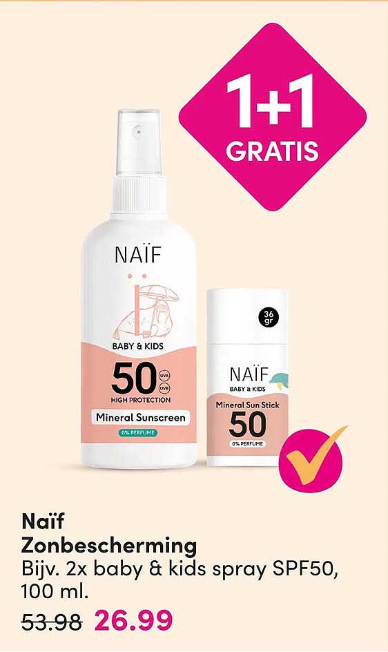 Naïf Zonbescherming Bijv. 2x baby & kids spray SPF50, 100 ml. 1+1 gratis
