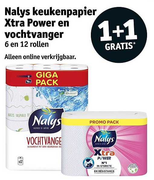 Nalys keukenpapier Xtra Power en vochtvanger 6 en 12 rollen 1+1 GRATIS*