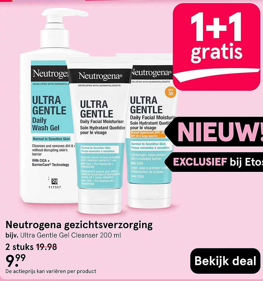 Neutrogena gezichtsverzorging bijv. Ultra Gentle Gel Cleanser 200 ml 1+1 gratis