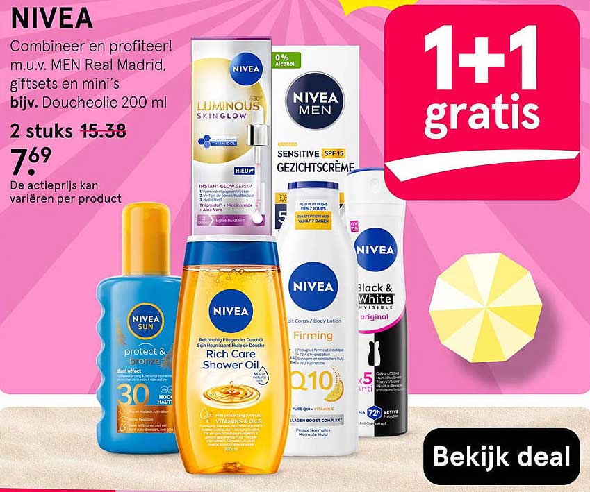 NIVEA Combineer en profiteer! m.u.v. MEN Real Madrid, giftsets en mini’s bijv. Doucheolie 200 ml 1+1 gratis