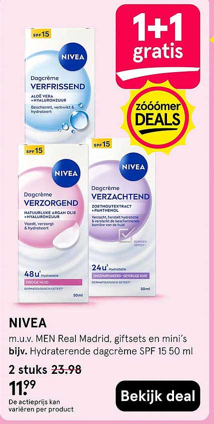 NIVEA m.u.v. MEN Real Madrid, giftsets en mini’s bijv. Hydraterende dagcrème SPF 15 50 ml 1+1 gratis
