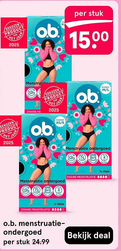 o.b. menstruatie-ondergoed per stuk 24.99