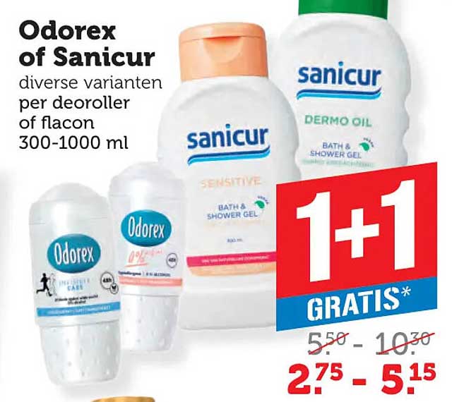 Odorex of Sanicur diverse varianten per deodorroller of flacon 300-1000 ml 1+1 GRATIS*