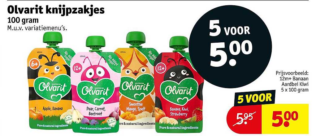 Olvarit knijpzakjes 100 gram 5 voor 5,00