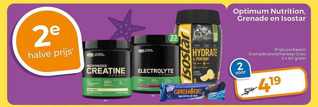 Optimum Nutrition, Grenade en Isostar 2e halve prijs