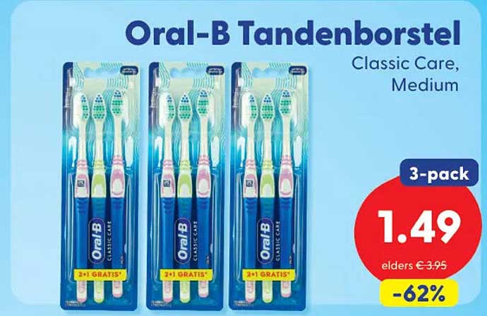 Oral-B Tandenborstel Classic Care, Medium 3-pack 2+1 GRATIS!