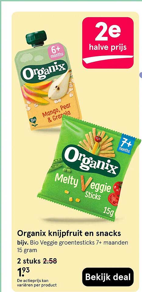 Organix knijpfruit en snacks 2e halve prijs