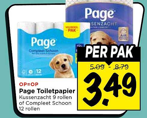 Page Toiletpapier Kussenzacht 9 rollen of Compleet Schoon 12 rollen PER PAK