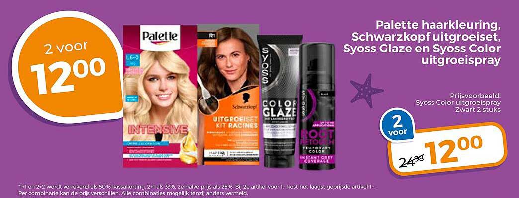 Palette haarkleuring, Schwarzkopf uitgroeiset, Syoss Glaze en Syoss Color uitgroeispray