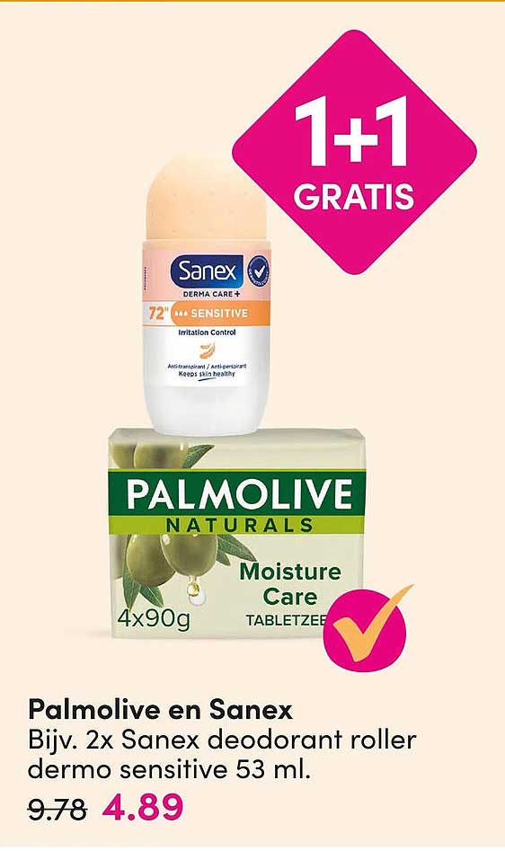 Palmolive en Sanex Bijv. 2x Sanex deodorant roller dermo sensitive 53 ml. 1+1 gratis