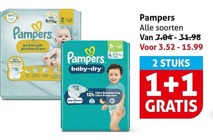 Pampers Alle soorten 2 STUKS 1+1 GRATIS