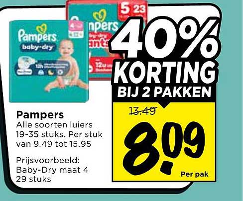 Pampers Alle soorten luiers 19-35 stuks. Per stuk van 9.49 tot 15.95 40% KORTING BIJ 2 PAKKEN