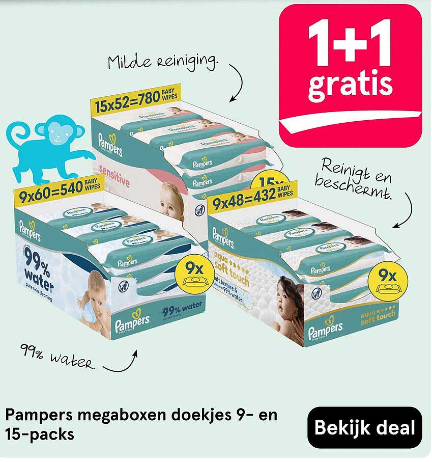 Pampers megaboxen doekjes 9- en 15-packs 1+1 gratis