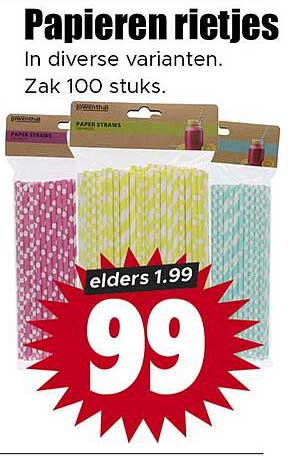 Papieren rietjes In diverse varianten. Zak 100 stuks.