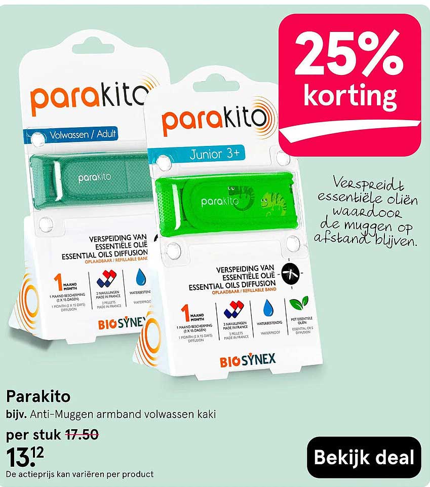 Parakito bijv. Anti-Muggen armband volwassen kaki 25% korting