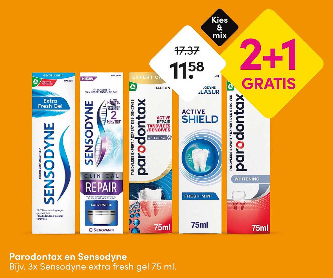 Parodontax en Sensodyne Bijv. 3x Sensodyne extra fresh gel 75 ml. 2+1 gratis