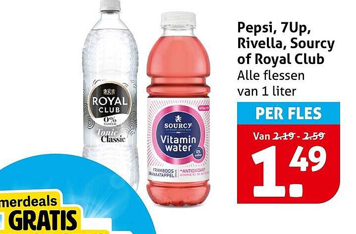 Pepsi, 7Up, Rivella, Sourcy of Royal Club Alle flessen van 1 liter PER FLES