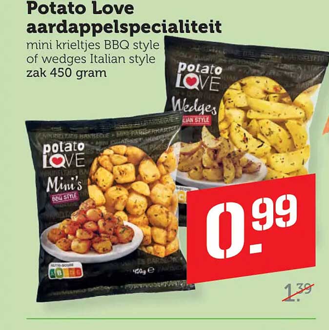 Potato Love aardappelspecialiteit mini krieltjes BBQ style of wedges Italian style zak 450 gram