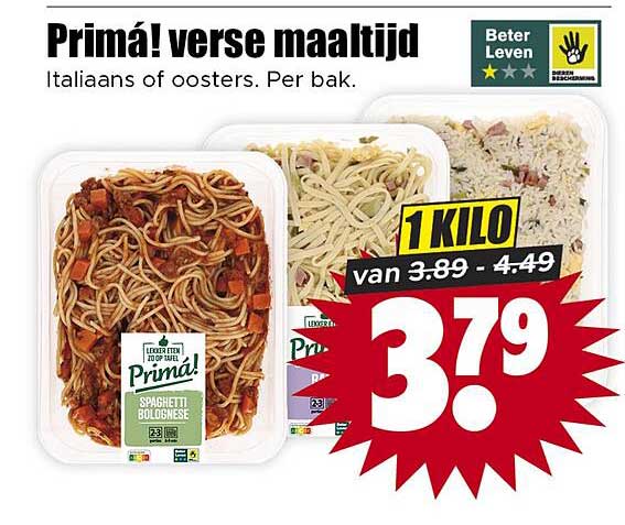 Prima! verse maaltijd Italiaans of oosters. Per bak. 1 kilo van 3.89 - 4.49