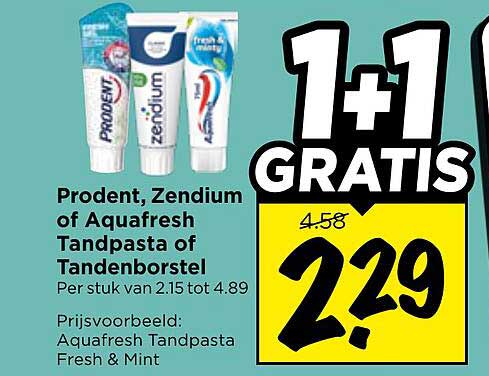 Prodent, Zendium of Aquafresh Tandpasta of Tandenborstel 1+1 GRATIS