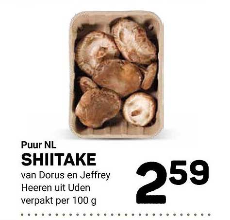 Puur NL SHIITAKE van Dorus en Jeffrey Heeren uit Uden verpakt per 100 g