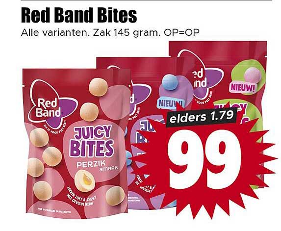 Red Band Bites Alle varianten. Zak 145 gram. OP=OP