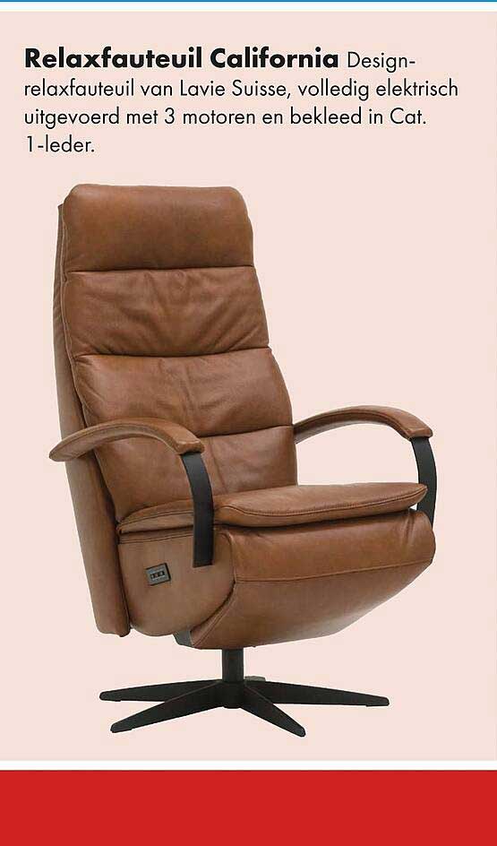 Relaxfauteuil California Design-relaxfauteuil van Lavia Suisse, volledig elektrisch uitgevoerd met 3 motoren en bekleed in Cat. 1-leder.