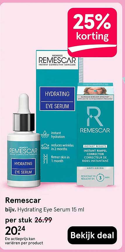 Remescar bijv. Hydrating Eye Serum 15 ml 25% korting