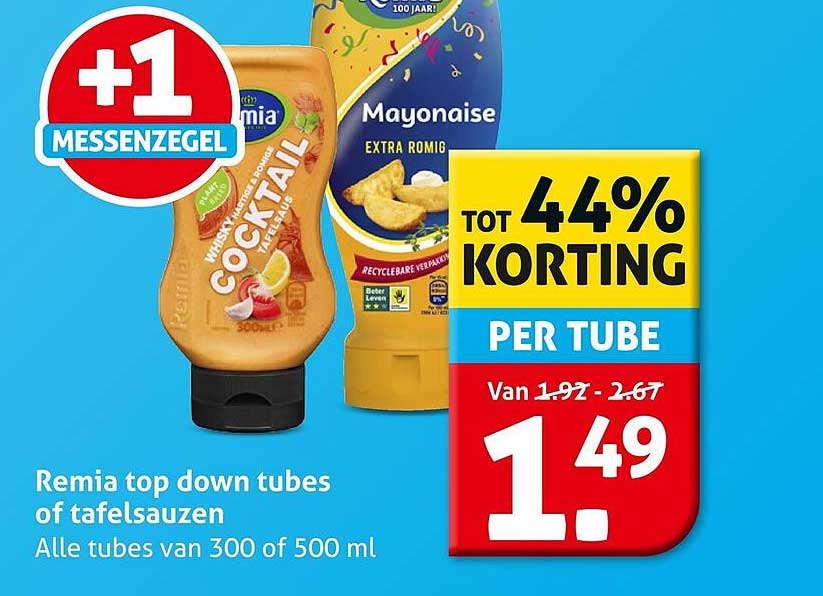 Remia top down tubes of tafelsauzen Alle tubes van 300 of 500 ml +1 messenzeegel