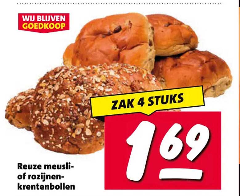 Reuze muesli- of rozijnen-krentenbollen ZAK 4 STUKS
