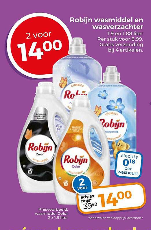 Robijn wasmiddel en wasverzachter 1.9 en 1.88 liter 2 voor 14.00