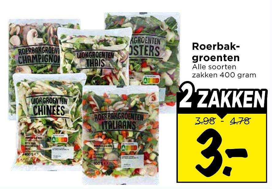 Roerbak-groenten Alle soorten zakken 400 gram 2 ZAKKEN