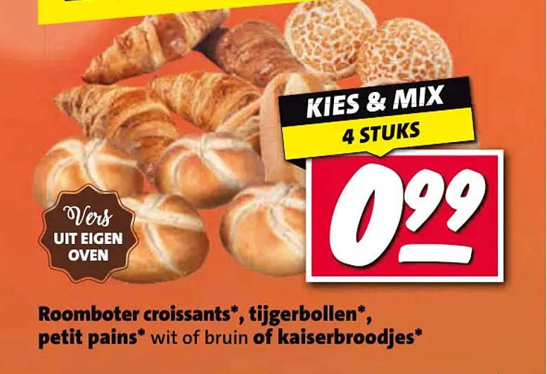 Roomboter croissants*, tijgerbollen*, petit pains* wit of bruin of kaiserbroodjes* KIES & MIX 4 STUKS
