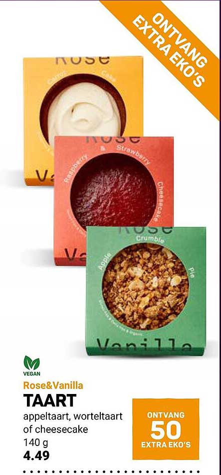 Rose&Vanilla TAART appeltaart, worteltaart of cheesecake 140 g ONTVANG 50 EXTRA EKO'S