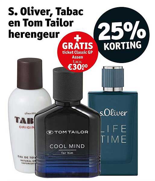 S. Oliver, Tabac en Tom Tailor herengeur 25% KORTING