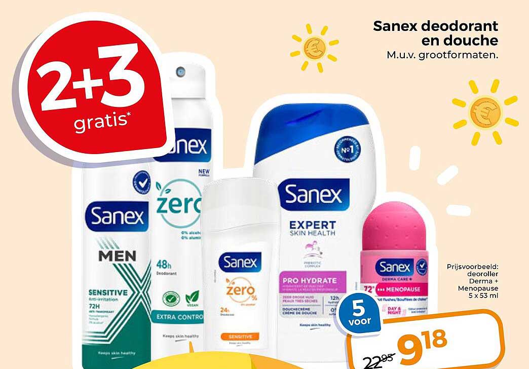 Sanex deodorant en douche M.u.v. grootformaten. 2+3 gratis