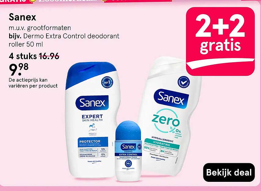 Sanex m.u.v. grootformaten bijv. Dermo Extra Control deodorant roller 50 ml 2+2 gratis