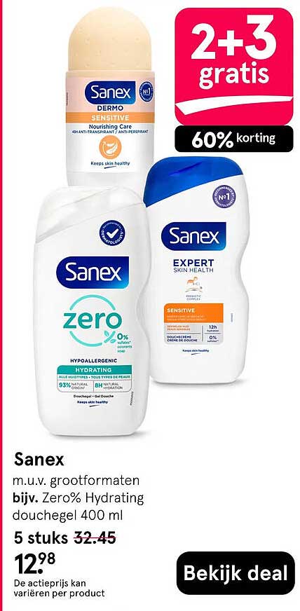 Sanex m.u.v. grootformaten bijv. Zero% Hydrating douchegel 400 ml 2+3 gratis