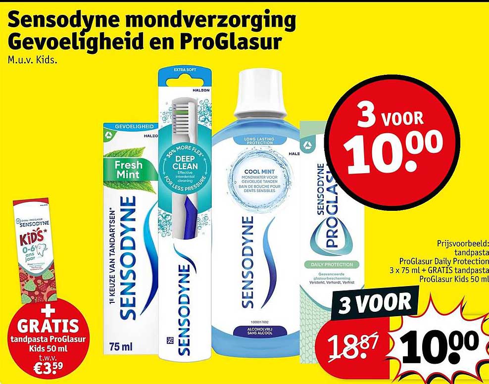 Sensodyne mondverzorging Gevoeligheid en ProGlasur M.u.v. Kids. 3 voor 10.00