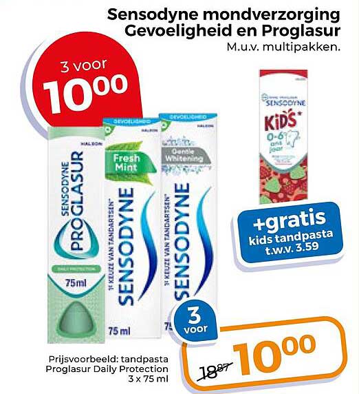 Sensodyne mondverzorging Gevoeligheid en Proglasur. M.u.v. multipakken. 3 voor 10,00 +gratis kids tandpasta t.w.v. 3.59