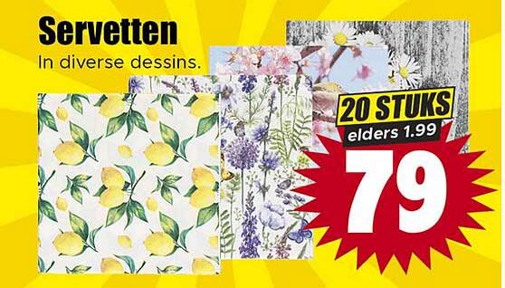 Servetten In diverse dessins. 20 STUKS elders 1.99