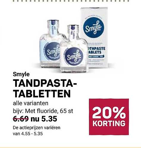 Smyle TANDPASTA-TABLETTEN alle varianten bijv: Met fluoride, 65 st 20% KORTING