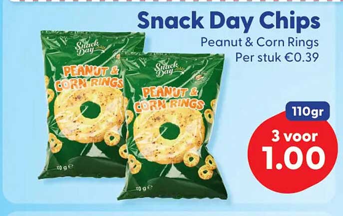 Snack Day Chips Peanut & Corn Rings 3 voor 1.00