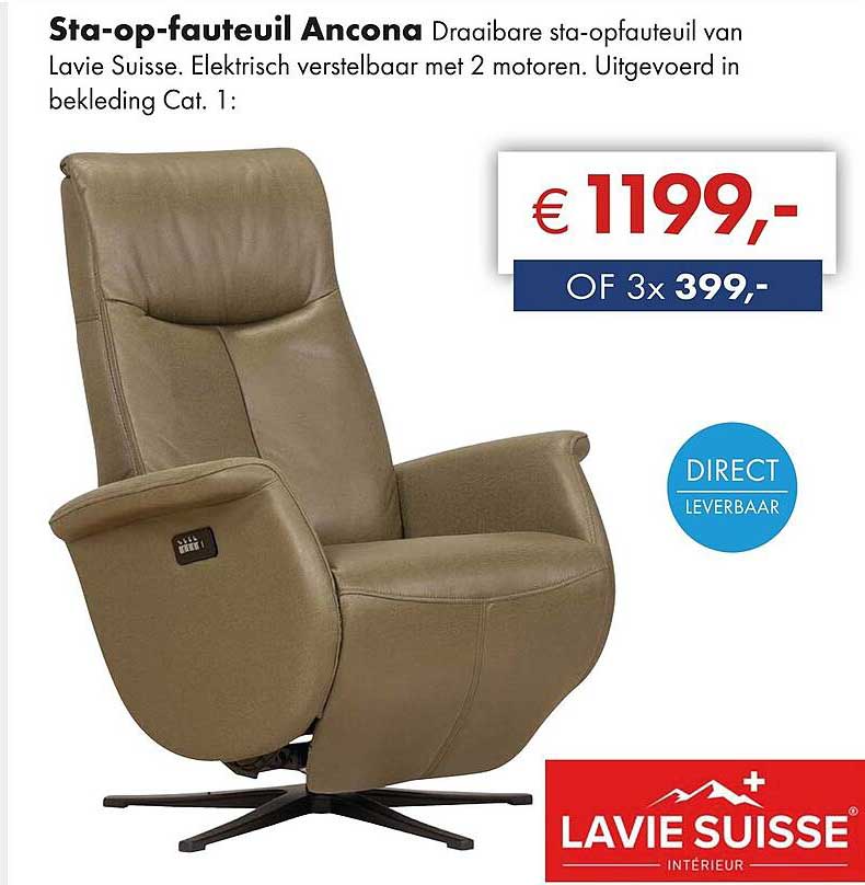 Sta-op-fauteuil Ancona Draaibare sta-opfauteuil van Lavie Suisse. Elektrisch verstelbaar met 2 motoren. Uitgevoerd in bekleding Cat. 1: