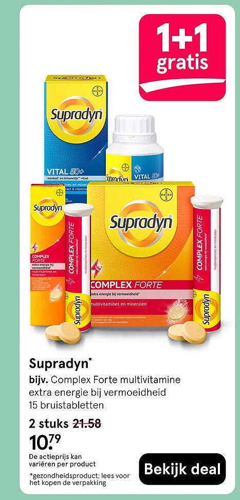 Supradyn* bijv. Complex Forte multivitamine extra energie bij vermoeidheid 15 bruistabletten 1+1 gratis