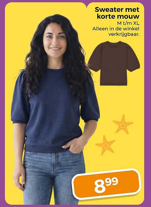 Sweater met korte mouw M t/m XL Alleen in de winkel verkrijgbaar.