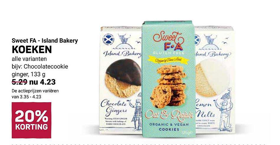 Sweet FA - Island Bakery KOEKEN alle varianten bijvoorbeeld: Chocolatecookie ginger, 133 g 20% KORTING