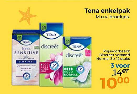 Tena enkelpak M.u.v. broekjes. Prijsvoorbeeld: Discreet verband Normaal 3 x 12 stuks 3 voor